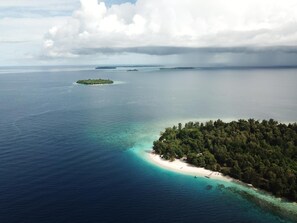 Vista aérea de una isla tropical con aguas turquesas cristalinas, una playa arenosa y zonas boscosas densas.