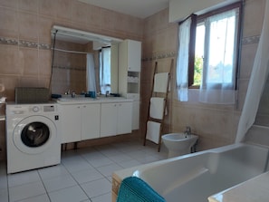 Combined shower/tub, hair dryer, bidet, towels