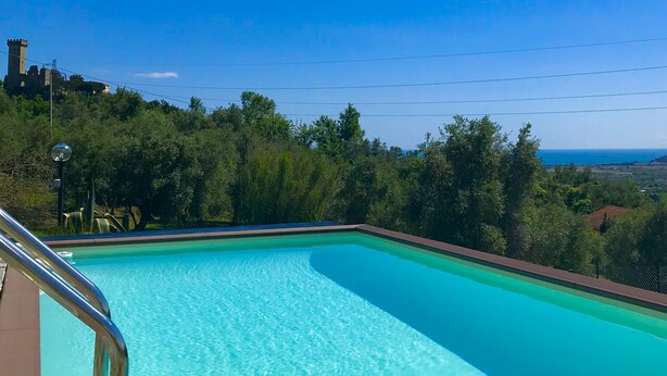 Une piscine d’un bleu éclatant, bordée d’une rambarde en métal, entourée d’une végétation luxuriante et offrant une vue lointaine sur un château.