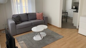 A modern living room with a grey sofa, a small white table, and a grey rug. - Altstadtwohnung (Chur)