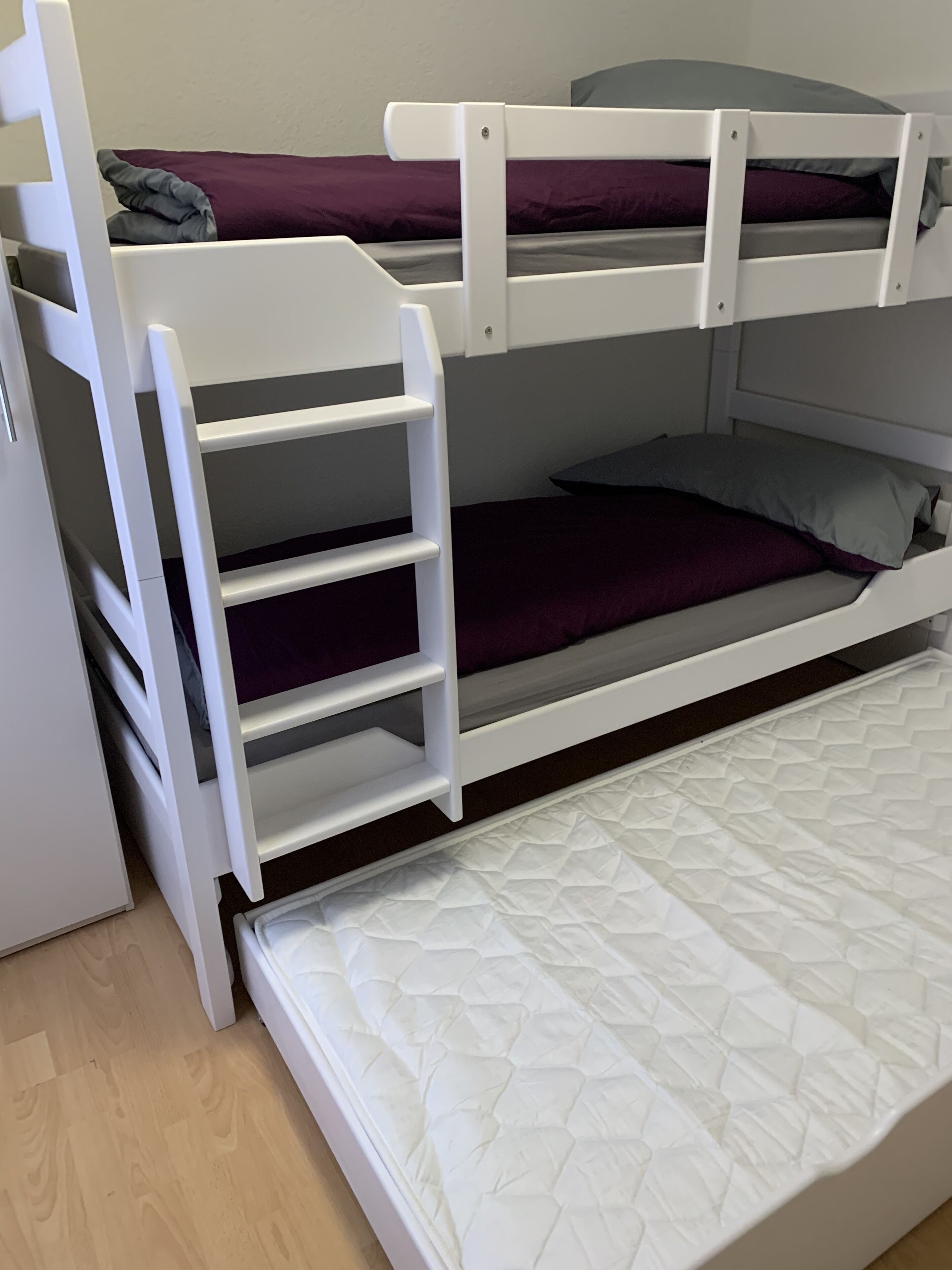 Un letto a castello con un letto inferiore e un letto estraibile.