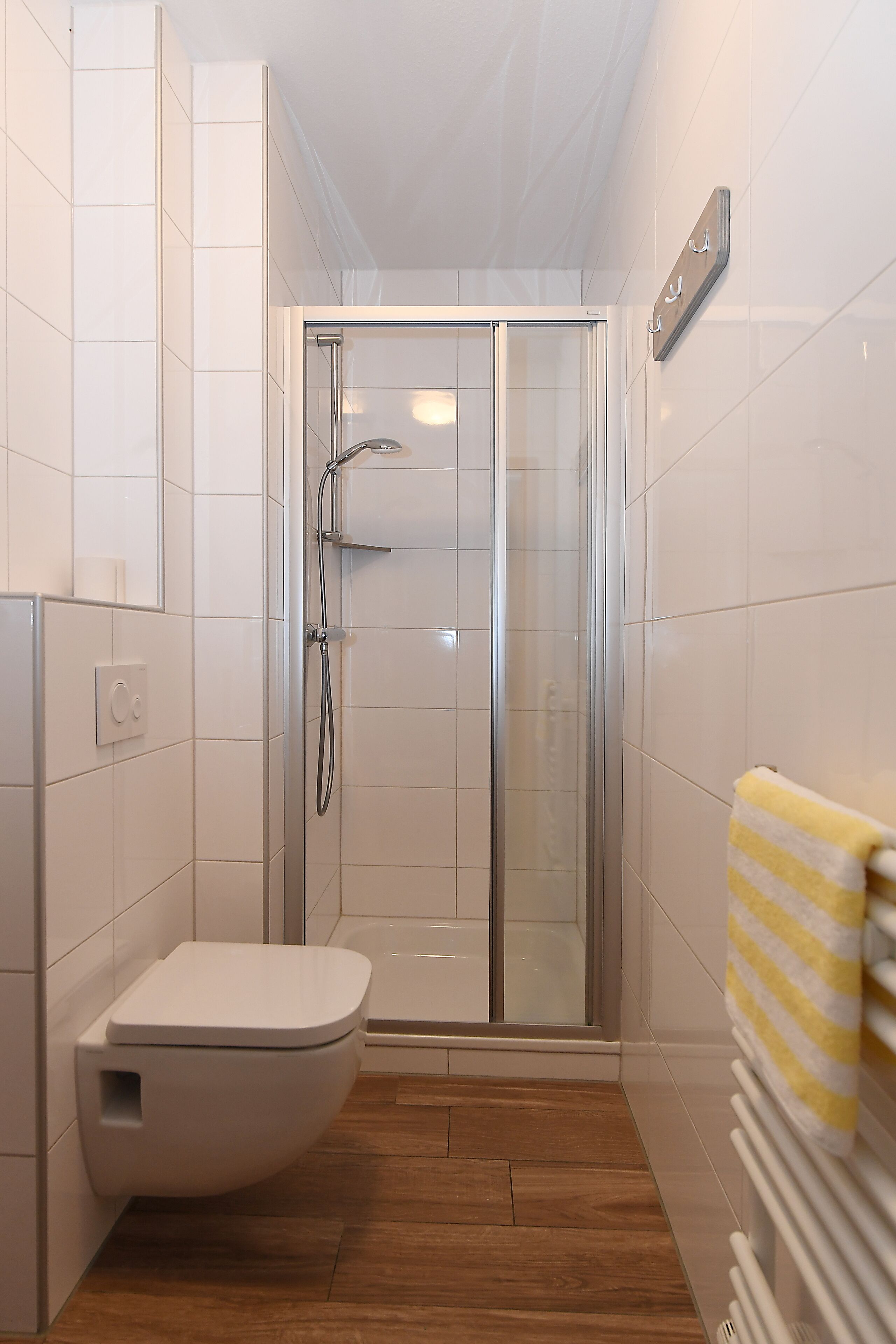 Een moderne badkamer met een douchecabine van glas, een toilet en een handdoekrek.