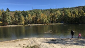 A sandy beach with a lake, surrounded by trees with autumn foliage. - Facilities all year round (Bushkill)
