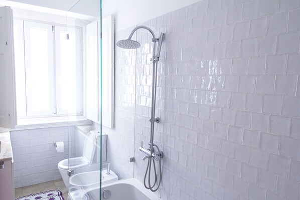 Separate tub and shower, free toiletries, hair dryer, towels