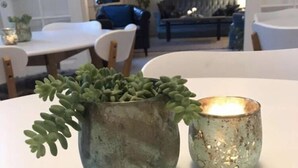 A white table with two decorative items: a green plant in a rustic metal pot and a small metal candle holder. - Katrinelund Bed and Breakfast (Tikob)