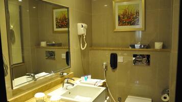 Combined shower/tub, deep soaking tub, hydromassage showerhead