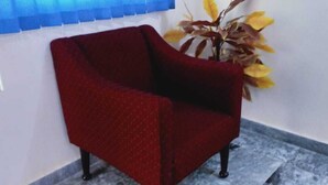 A red armchair in a corner with a plant beside it. - Park view family hotel (Lahore)