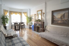 Smart TV, fireplace, books