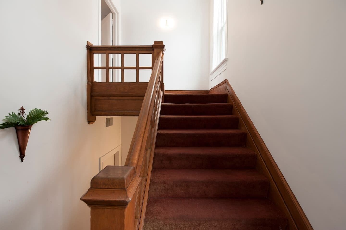 A wooden staircase with a handrail and a potted plant on the wall.
