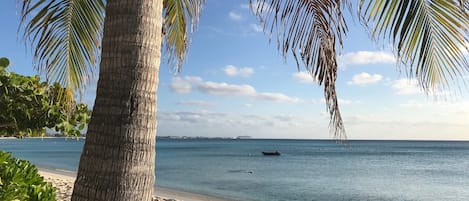 On the beach, sun loungers, beach towels