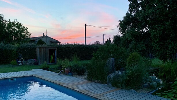 Une piscine rectangulaire dotée d’une terrasse en bois, entourée d’une végétation luxuriante et d’un petit abri de jardin.