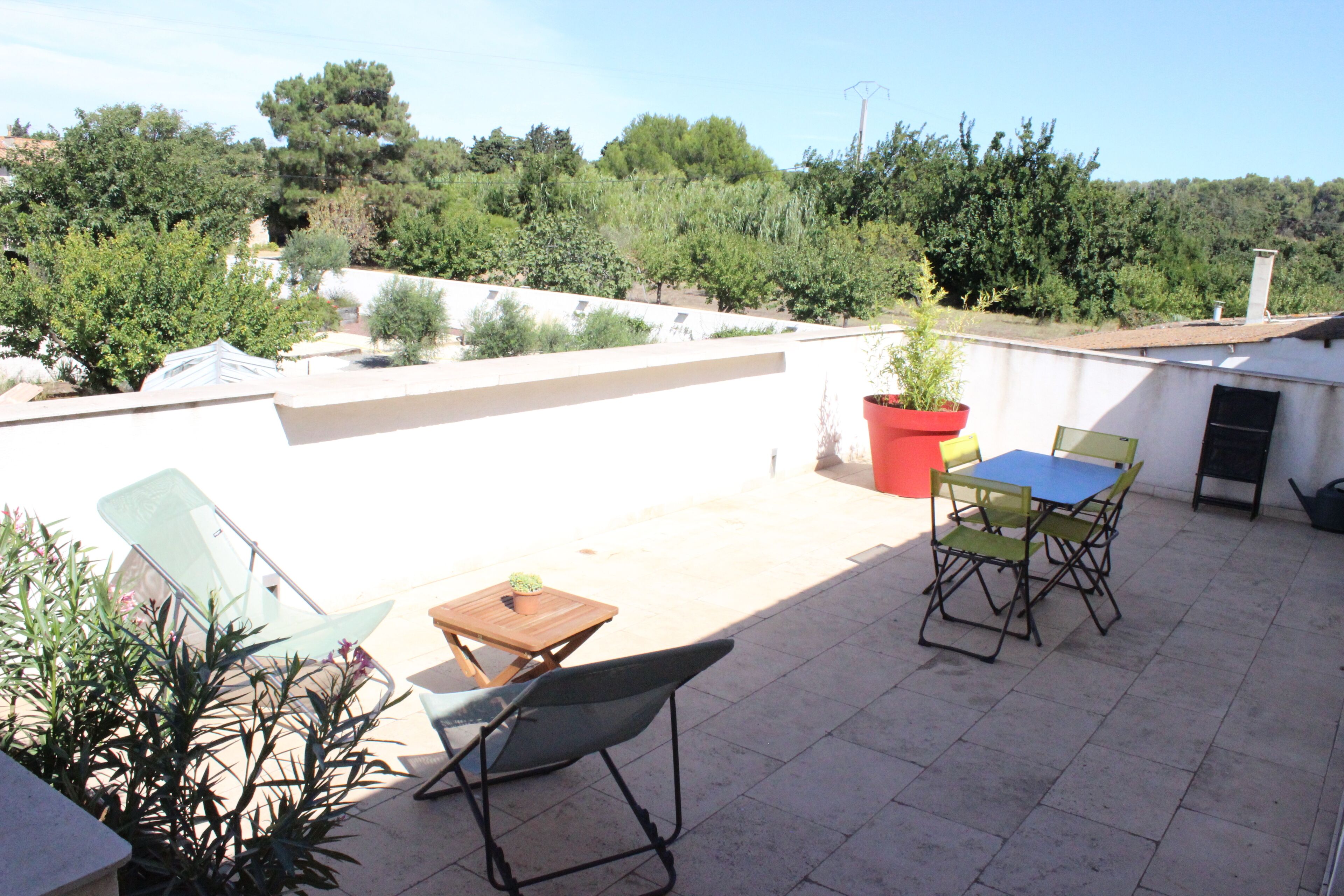 Terrassa exterior amb taula i cadires, envoltada de plantes en testos i vistes a arbres i turons.