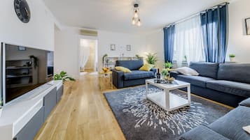 Televisor de pantalla plana, llar de foc i llibres