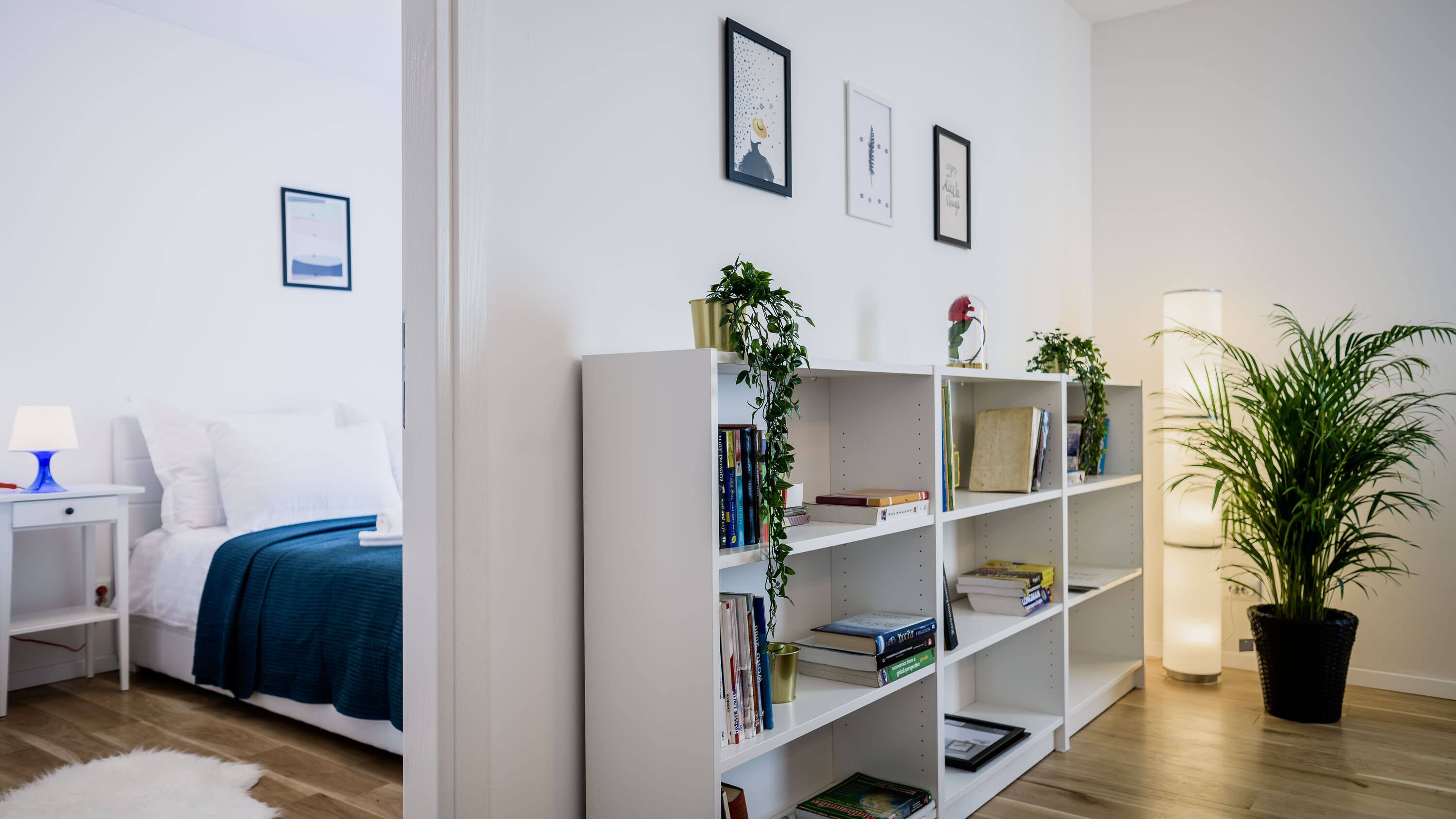 Ein modernes Schlafzimmer mit einem weißen Bett, einem Nachttisch mit Lampe, einem Bücherregal mit Büchern und Pflanzen und einer großen Topfpflanze in der Ecke.