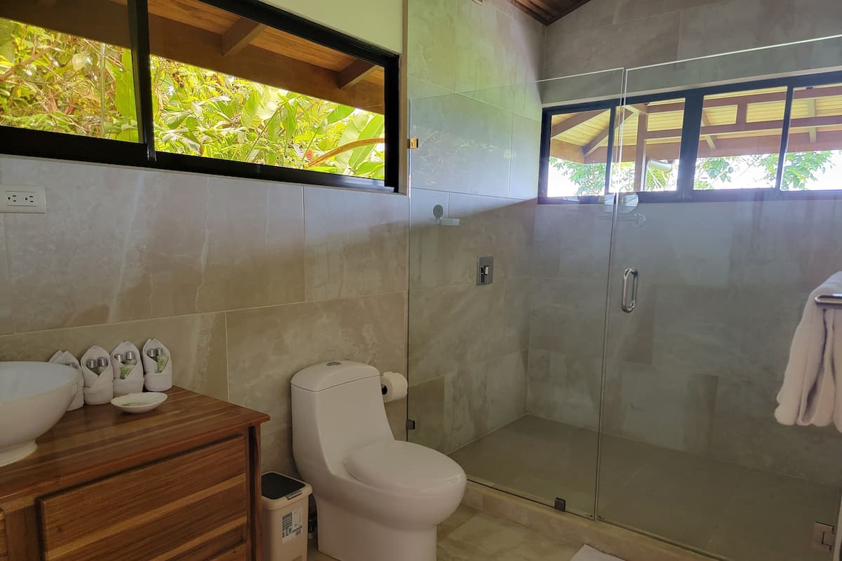 A modern bathroom with a glass shower enclosure, a wooden vanity with a bowl sink, and a toilet.