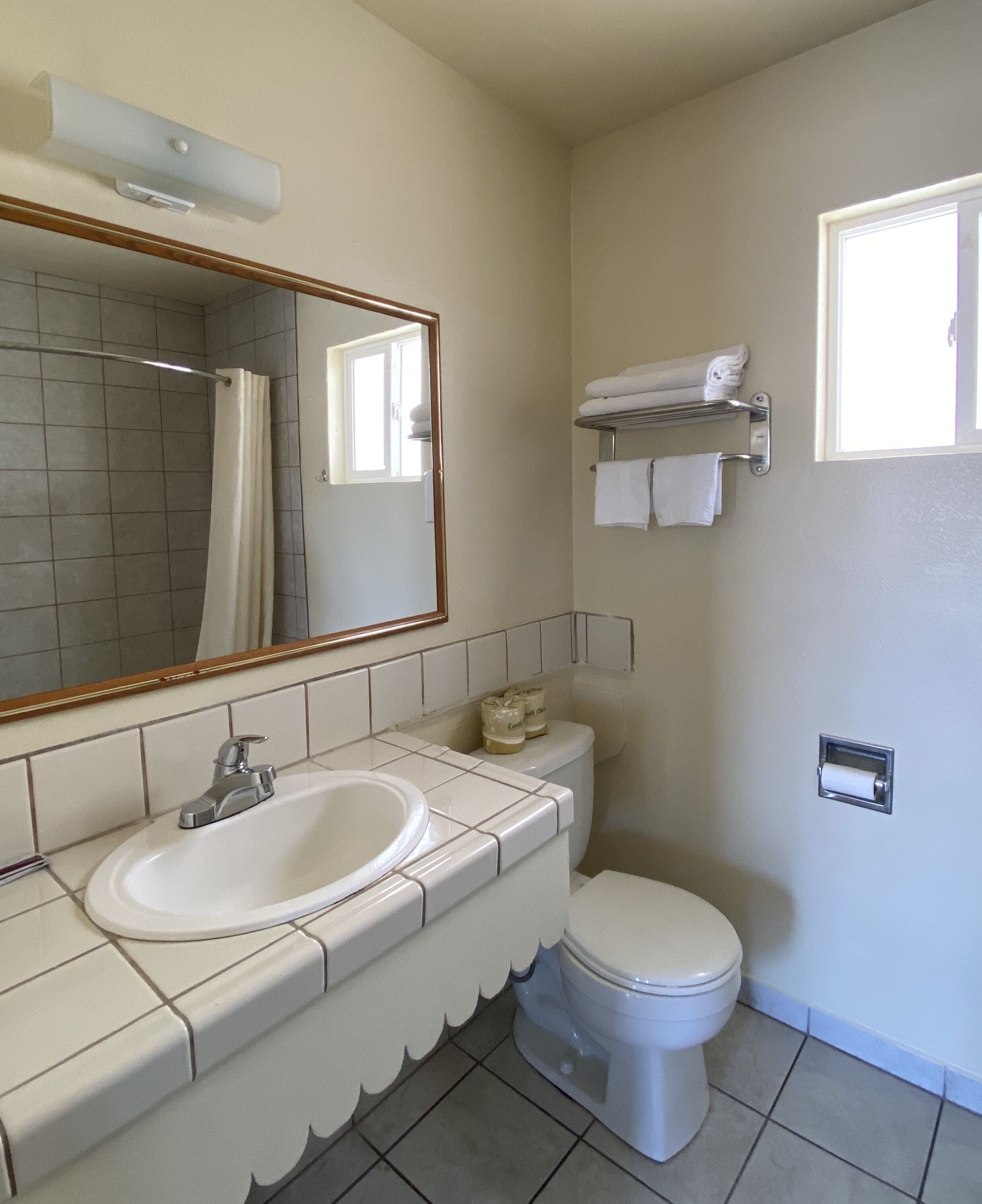 Une salle de bain équipée d’un lavabo, d’un miroir, de toilettes, d’un porte-serviettes et d’une fenêtre.