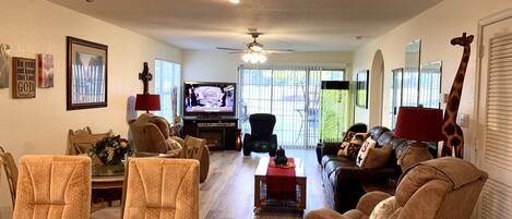 TV, fireplace, DVD player, foosball