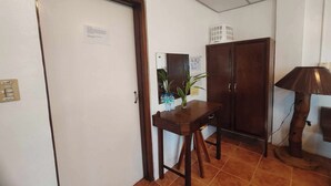 Un pasillo con una puerta de madera, una mesita con una planta, un armario y una lámpara.