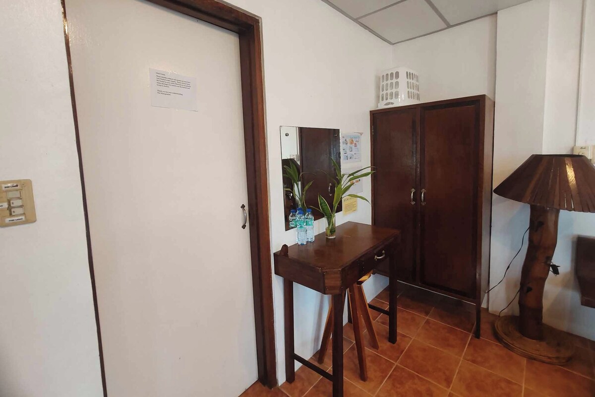 A hallway with a wooden door, a small table with a plant, a wardrobe, and a lamp.