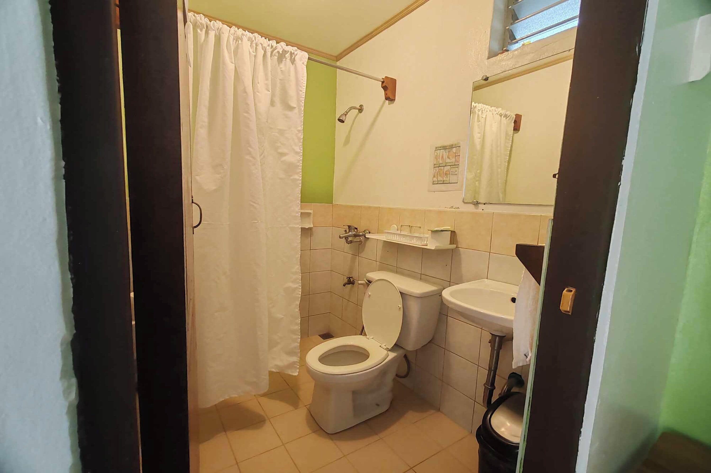 A bathroom with a toilet, sink, and shower curtain.