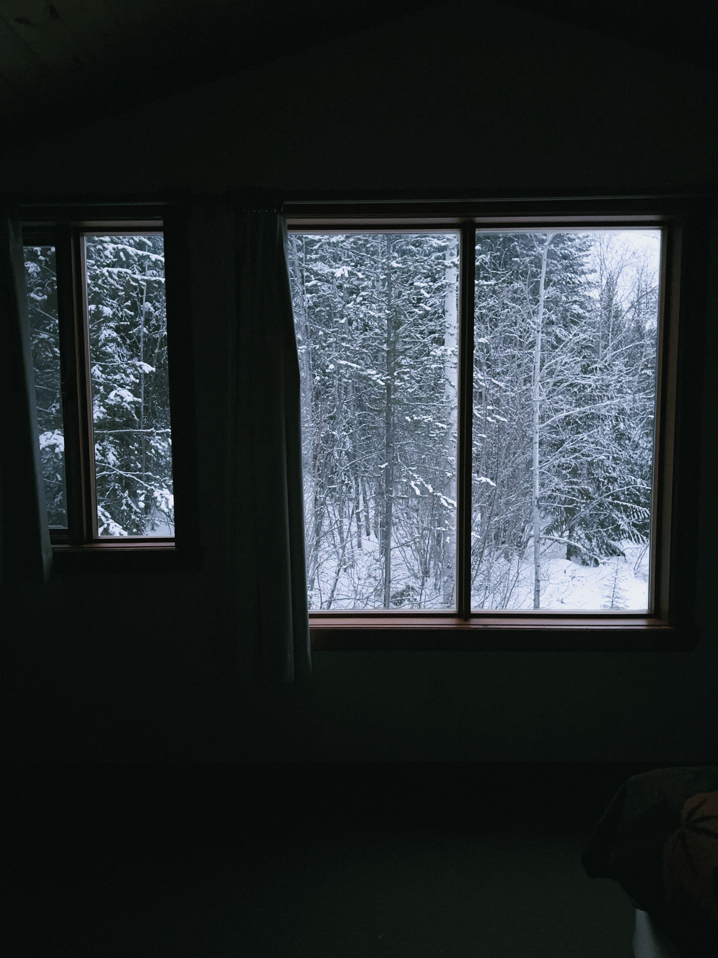 A room with two windows, one partially open, overlooking a snowy forest.