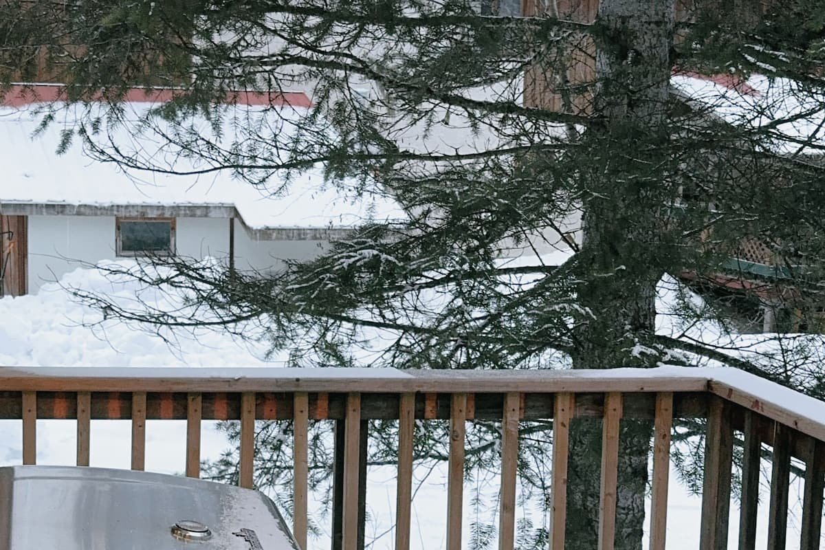 A metal grill on a wooden deck with snow on the ground and a tree in the background.
