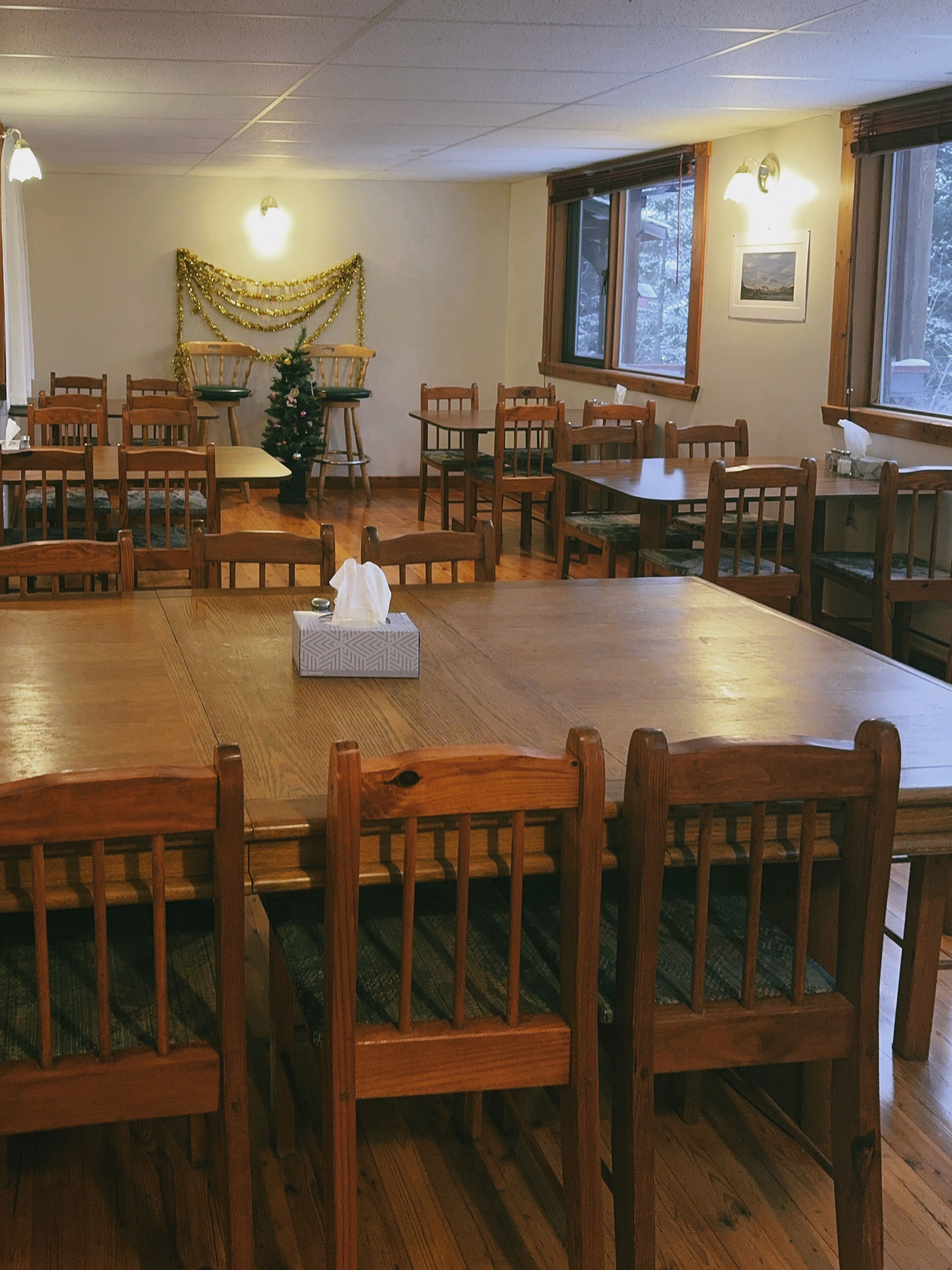 A spacious dining area with wooden tables and chairs, a Christmas tree, and a large window providing a view of the outdoors.