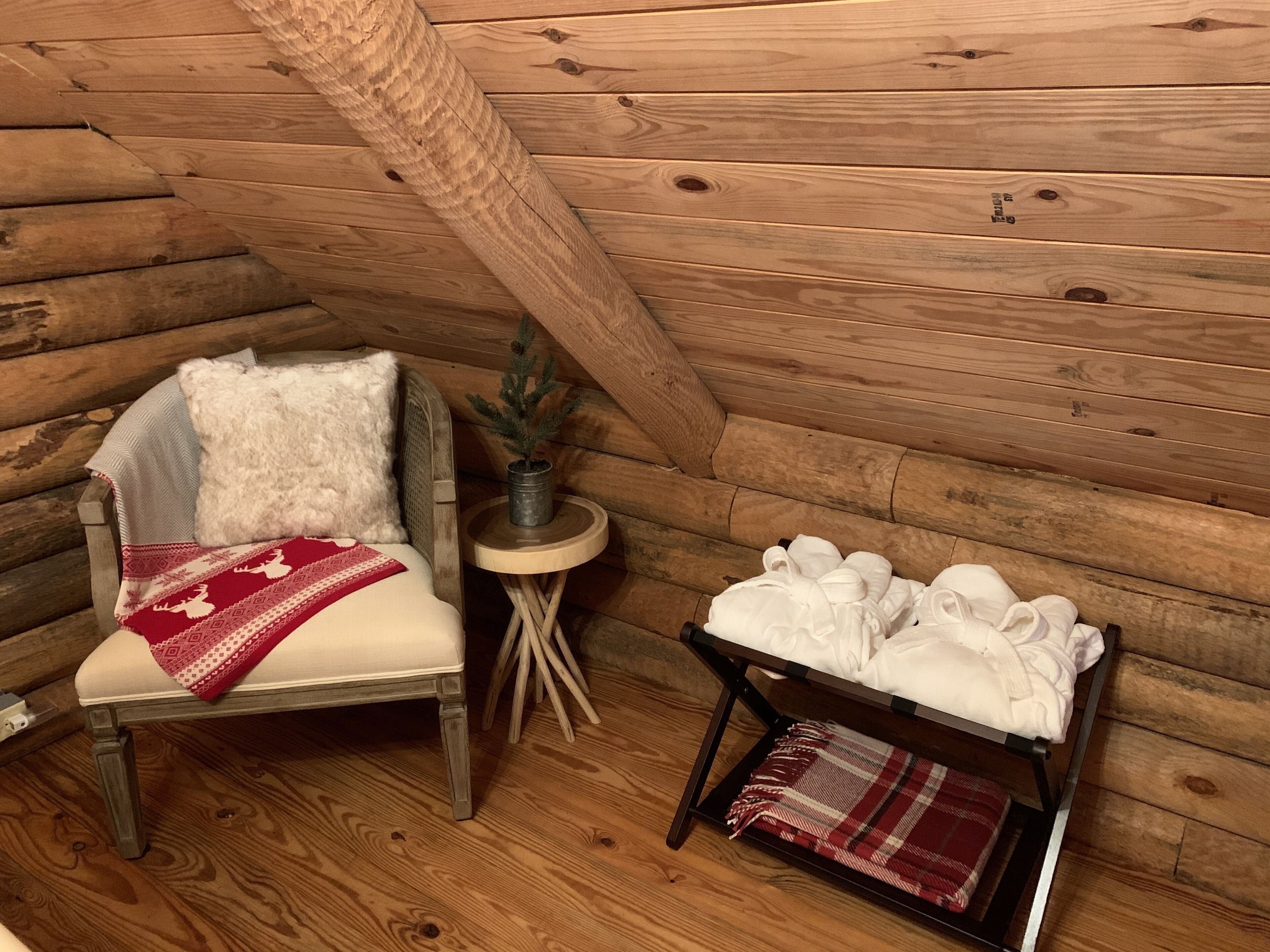 Una habitación acogedora de cabaña de madera con una silla, una pequeña mesa con una planta y un banco con toallas.