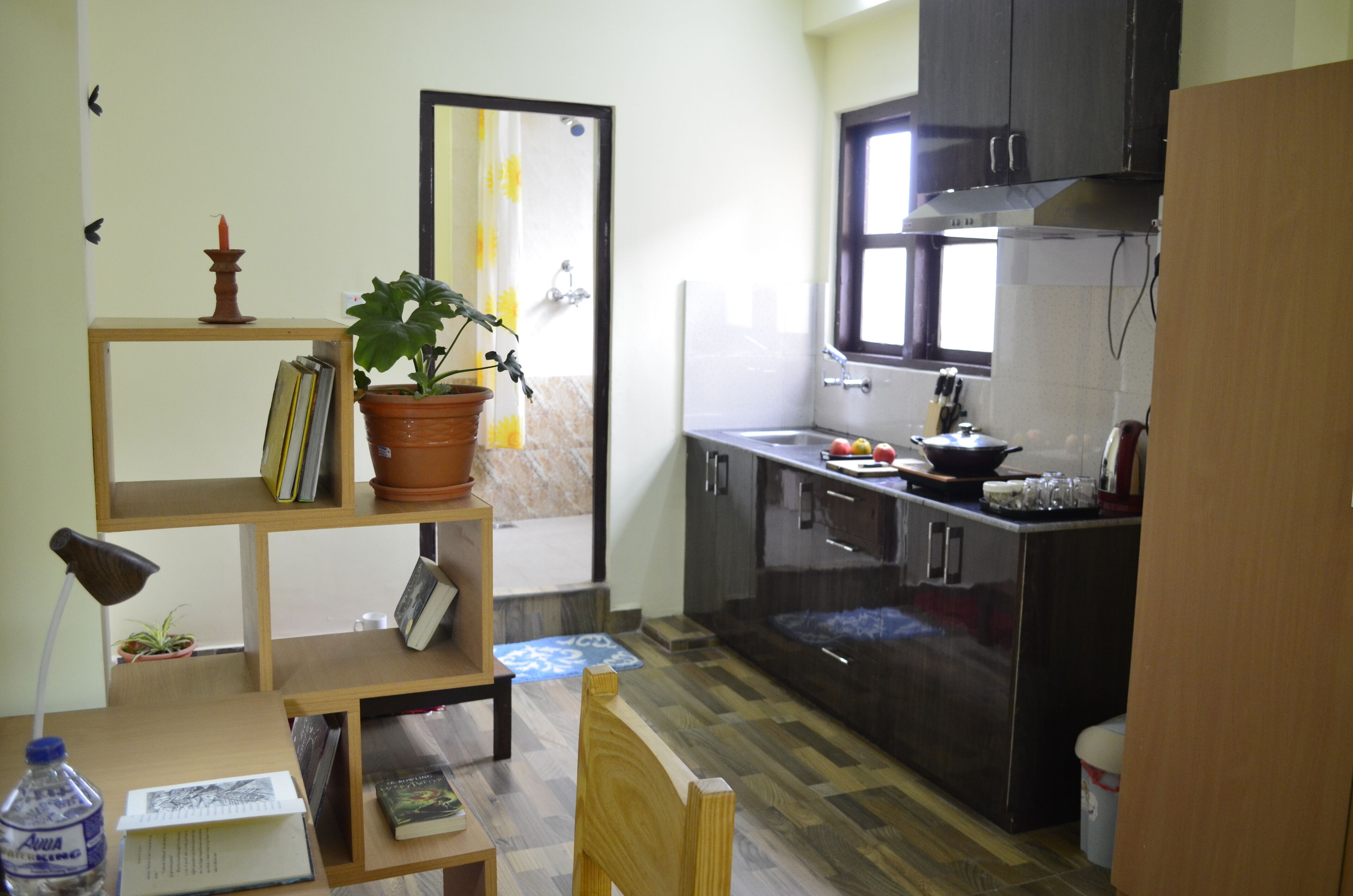 Una cocina compacta con un estante de madera, una planta en maceta y una ventana.