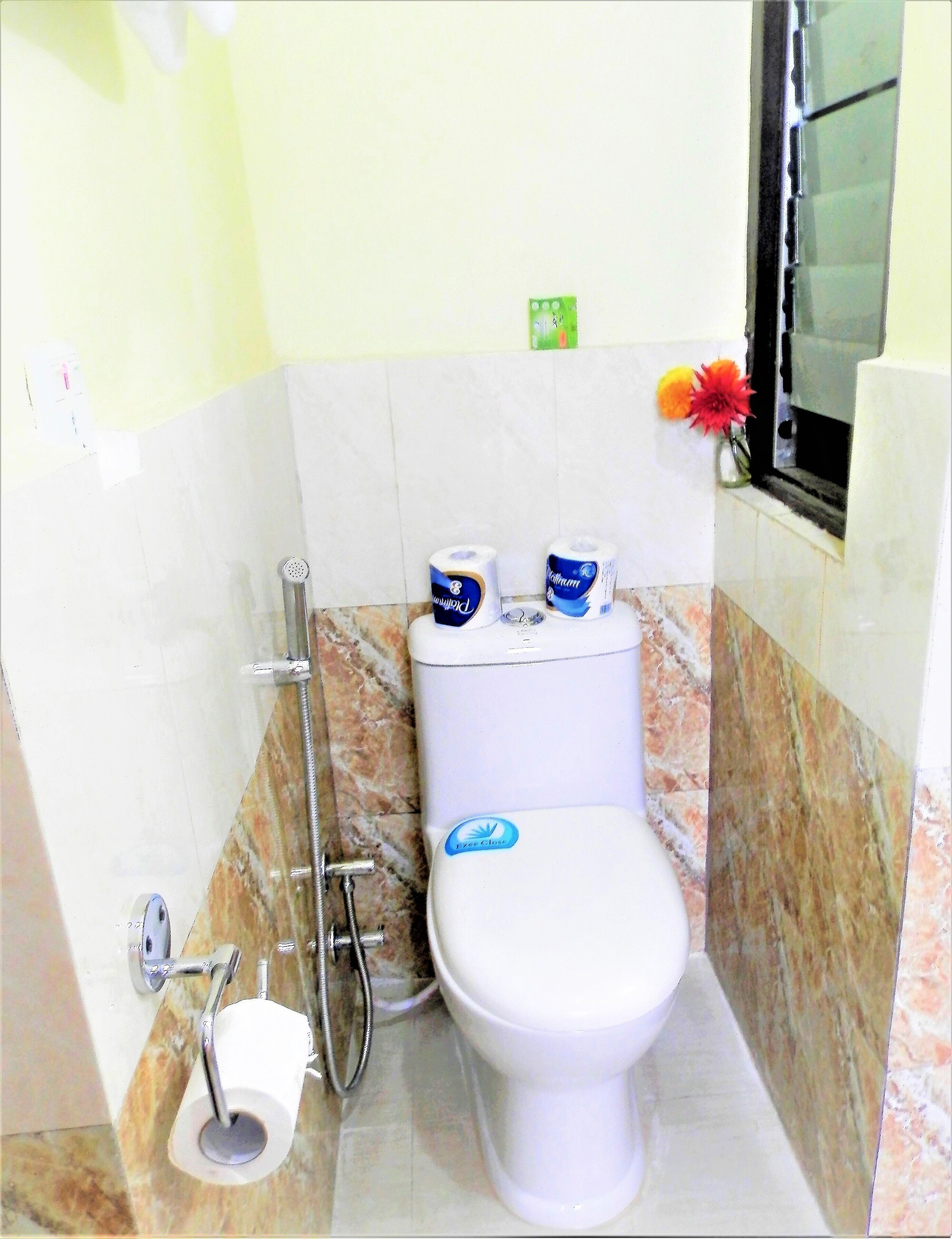 Ein Badezimmer mit Toilette, Dusche und Toilettenpapierhalter.