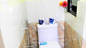 Ein Badezimmer mit Toilette, Dusche und Toilettenpapierhalter.