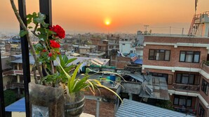 A cityscape with a sunset, buildings, and a plant with red flowers. - Tanani Newa Home (Lalitpur)