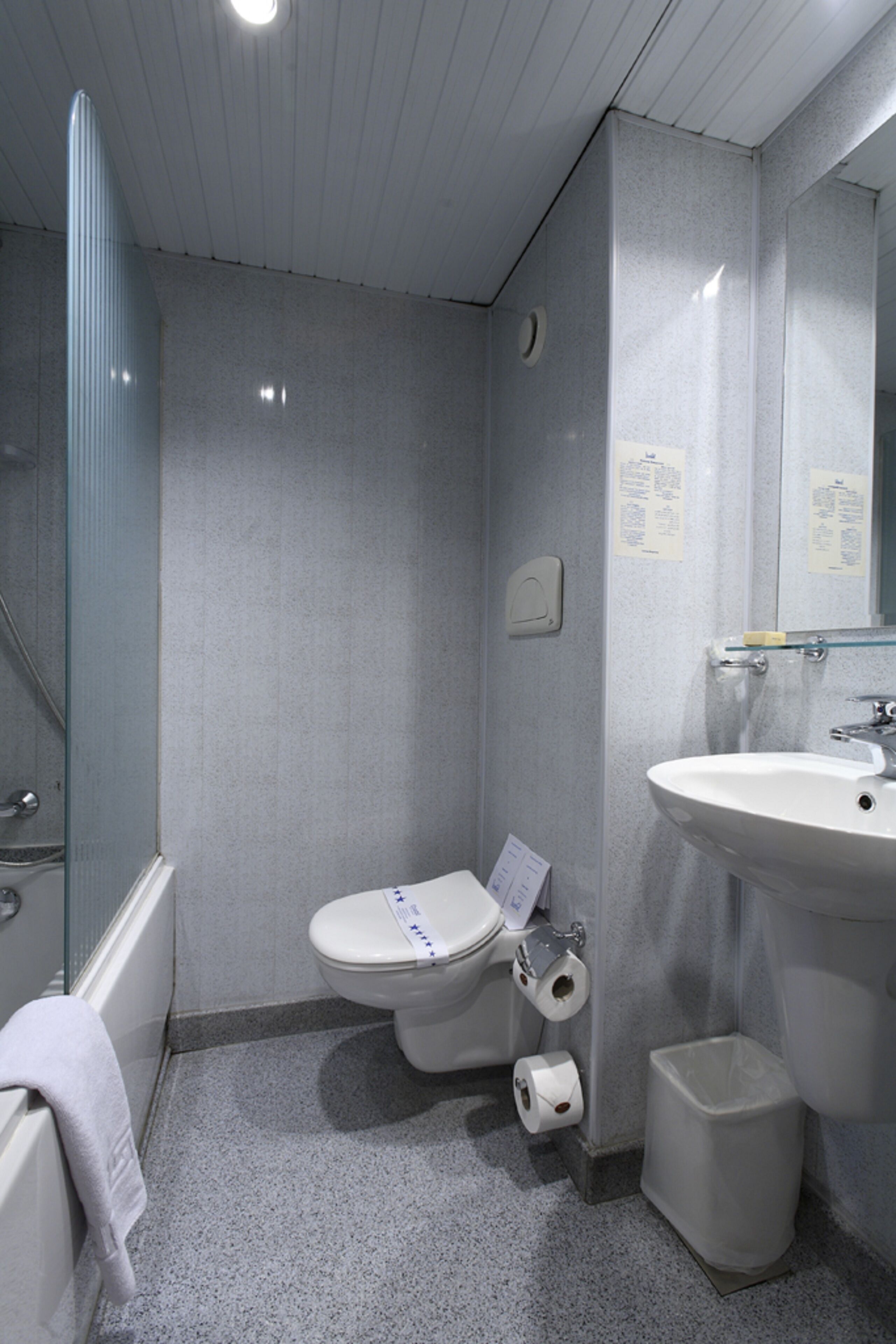 A bathroom with a toilet, sink, and glass shower enclosure.