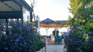 A pathway leading to a covered area with stone and tile flooring, surrounded by purple flowering plants. - Medusa Studios (Kefalonia)