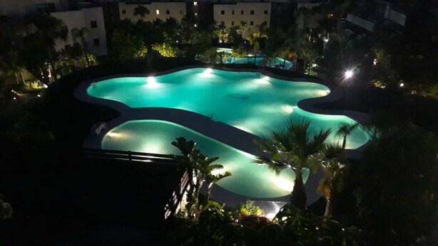 A nighttime view of a swimming pool with a curved edge, surrounded by palm trees and buildings.