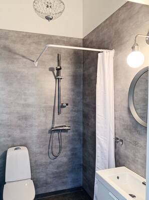 Shower, towels, soap, toilet paper
