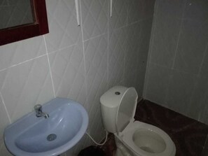 Chuveiro, toalhas de banho, sabonete, papel higiênico