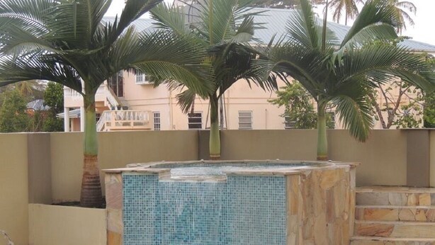 Una piscina con un jacuzzi de mosaicos, palmeras y una escalera de piedra.