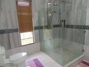 Regadera, secadora de cabello, toallas, jabón 