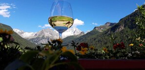 A wine glass with a mountain view in the background.