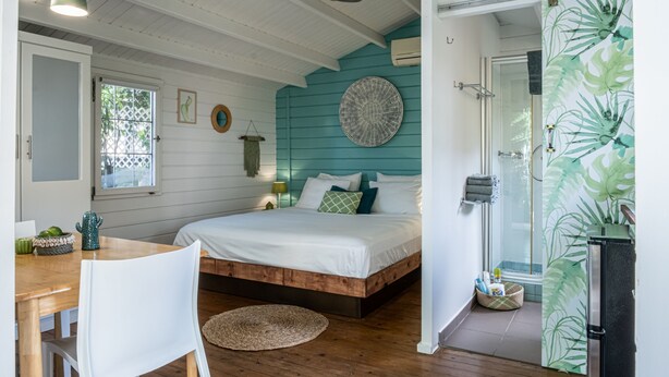 Un dormitorio con una cama, una mesa de madera, una silla, un tapete redondo y una zona de ducha.