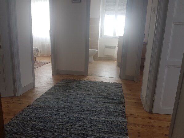 A hallway with a wooden floor and a blue rug, leading to a bathroom with a toilet and a shower.