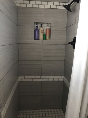 Douche, séchoir à cheveux, serviettes fournies, savon