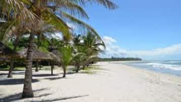 Na praia, espreguiçadeiras, toalhas de praia