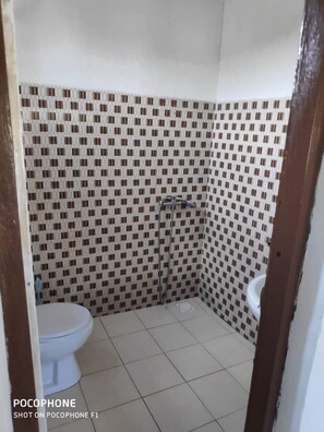 Shower, towels, soap, toilet paper