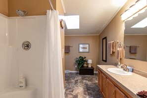 Une salle de bain avec une douche, un lavabo et un miroir.