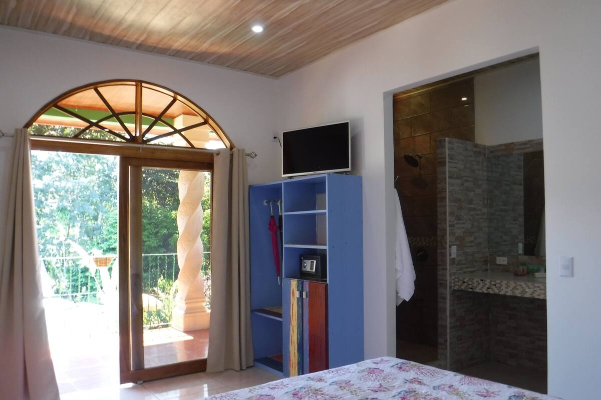 A bedroom with a bed, a TV on the wall, a wardrobe, and a bathroom with a shower.