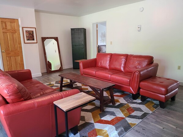 Una sala de estar con un sofá de cuero rojo, una mesa de centro de madera y un tapete geométrico y colorido.
