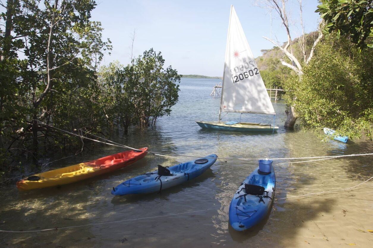 A calm water body with kayaks and a sailboat.