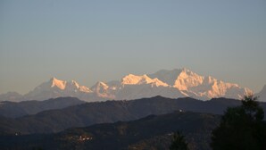 Cordillera con picos nevados y un valle boscoso.